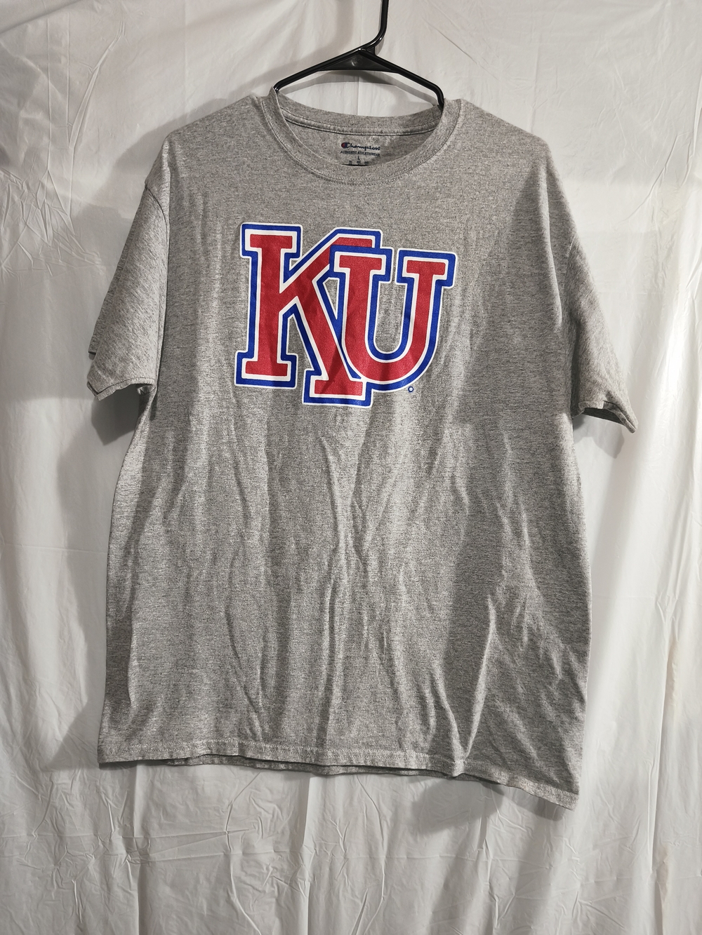 Champion Gray Crewneck Tee with Blue & Red Logo Tag